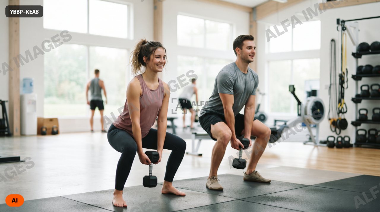 Girl and guy exercising